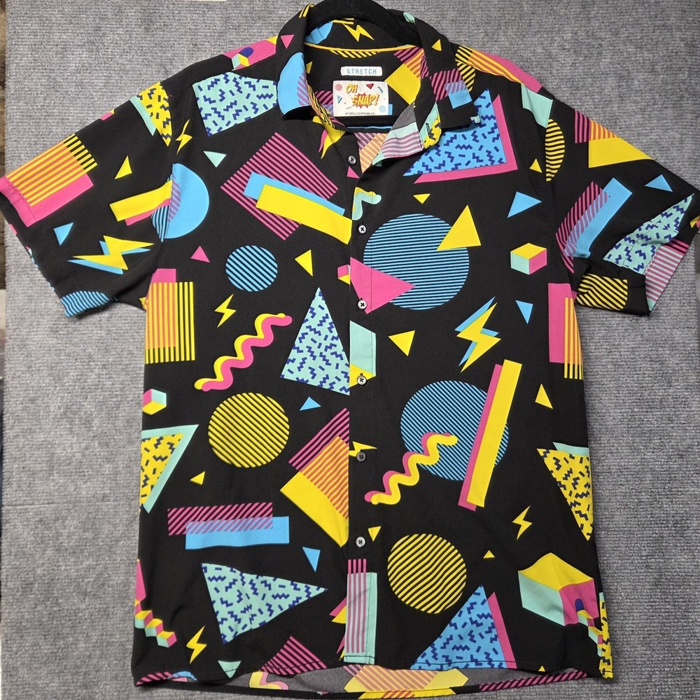 Oh Snap Drill Clothing Co Mens Large 90s Retro Geometric Neon Button Down Shirt